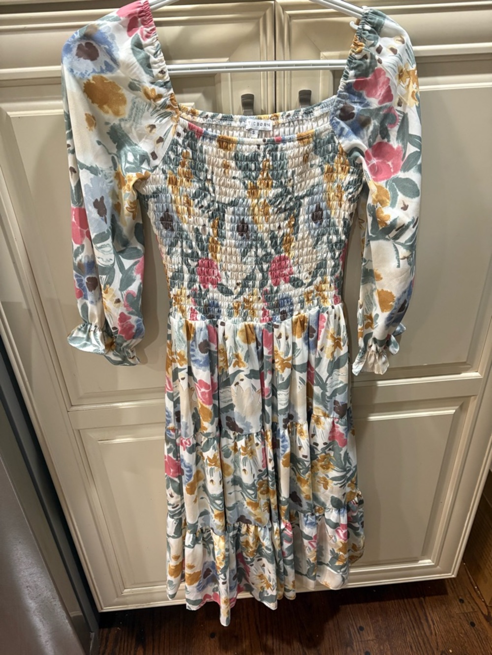 BALTIC BORN Floral Tiered Square-Neck Dress in Cream Pink Boho Small - Picture 8 of 13